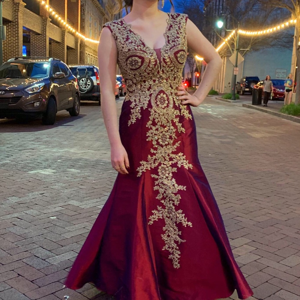 Burgundy and Gold Engraved Prom Dress!